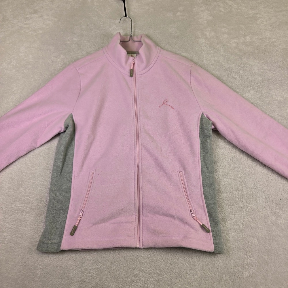 Pink Grey Fleece Full Zip Jacket Mock Neck Sporty Ribbon Detail Women Large